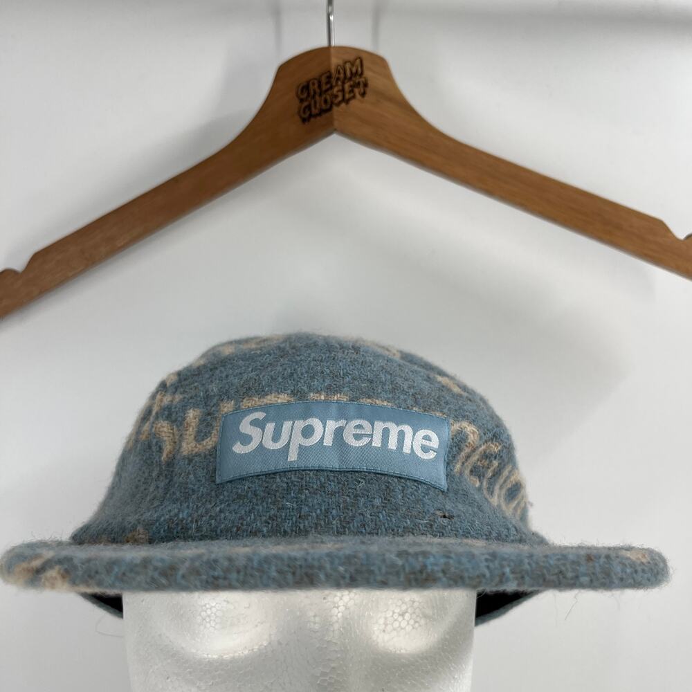 FW18 2018 Supreme NYC Harris Tweed Box Logo Camp Cap Hat in Light Blue